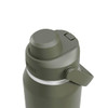 A drink bottle in olive green with a black lid, featuring a logo and a screw-top opening mechanism.