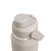 A drink bottle in a light grey colour with a twist cap and a handle for easy carrying. It features a logo.