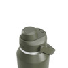 A drink bottle in olive green with a grey band and a secure flip-top lid, featuring a logo on the side.