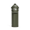 A drink bottle in olive green with a flip straw and a carrying handle. The bottle features a logo.