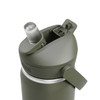 A drink bottle in an olive green shade featuring a flip straw and a built-in cap. It has a logo on the side.