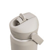 A drink bottle in a light beige colour featuring a flip straw and a side lever for easy opening, with branding visible.