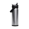 A drink bottle in silver metal with a black flip straw, featuring a black handle for easy carrying.