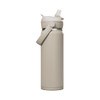 A drink bottle in a soft beige colour with a flip straw lid and an integrated handle for easy carrying.