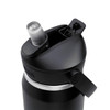 A drink bottle in black, featuring a flip straw lid and a shiny silver band, with a logo on the side.