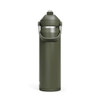 A drink bottle in olive green with a flip straw lid and carrying handle, featuring a logo on the side.