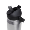 A drink bottle featuring a stainless steel body and a black flip straw lid, with a logo on the side.