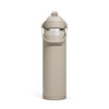 A drink bottle in a light brown shade with a flip straw and a carrying handle, featuring a logo.