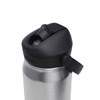 A drink bottle made of stainless steel with a black top and flip straw, featuring a logo.