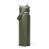 A drink bottle in olive green with a flip straw, featuring a silver stainless steel body and a handle.