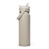 A drink bottle in a light beige colour with a flip straw and a carry handle. It features a sleek, modern design.