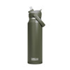 A drink bottle in olive green with a flip straw lid and a handle, featuring a logo on the side.