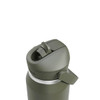 A drink bottle in dark green featuring a flip straw and a silver accent around the top, with a logo on the side.