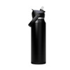 A drink bottle in matte black with a flip straw lid and attached handle, featuring a logo on the side.