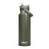 A drink bottle in olive green with a flip straw and a handle, featuring a brand logo.