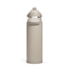 A drink bottle in a light beige colour with a flip straw and a carrying handle, featuring a logo.