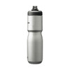 A drink bottle in stainless steel with a tapered design and a black lid, featuring a logo.