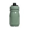A drink bottle in muted green, featuring a screw-on lid and a black spout, with a logo on the side.