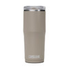 A drink bottle in a light brown shade with a clear lid and a logo.