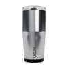 A drink bottle in silver and black, featuring a clear lid and a logo on the side.
