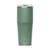 A drink bottle in a muted green colour with a stainless steel finish and a transparent lid, featuring a logo.