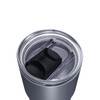 A drink bottle with a clear lid and a black sliding mechanism, featuring a stainless steel body in grey.