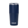 A drink bottle in navy blue with a clear lid, featuring a logo. Suitable for travel and on-the-go use.