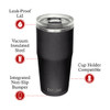 A drink bottle with a vacuum-insulated, black body; features a clear lid and includes a branding logo.