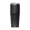 A drink bottle in matte black with a clear lid, featuring a sleek, tapered design and a logo.