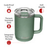 A drink bottle in green featuring a leak-proof lid, soft handle, and vacuum insulated stainless steel design.
