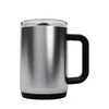 A drink bottle with a stainless steel body, a black handle, and a transparent lid.