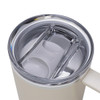 A drink bottle with a white exterior and a clear lid featuring a logo. The lid has a double-wall design.
