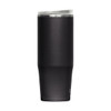 A drink bottle in matte black, featuring a sleek design and a transparent lid, with a logo on the side.