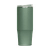 A drink bottle in a matte green finish with a clear lid and a sleek, modern design. It features a logo on the side.