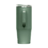 A drink bottle in matte green with a handle, featuring a clear lid and a sleek, tapered design.