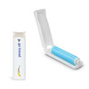 A mini lint roller featuring a blue roller and a white casing with a logo.