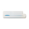 A mini lint roller in a white casing with a blue adhesive strip and a circular end. It features a logo.