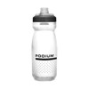 A drink bottle featuring a clear body with a black cap and a black logo, designed for hydration.