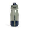A drink bottle in grey and navy, featuring a logo and a twist-off lid for easy access.