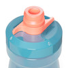 A drink bottle in teal with a pink cap and a spout, featuring a logo on the side.
