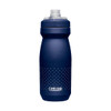A drink bottle in navy blue with a textured grip and a spout lid, featuring a logo.