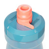 A drink bottle with a pink nozzle and a blue body, featuring a lid with a logo.