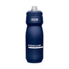 A drink bottle in navy blue with a textured grip, featuring a logo and white accents.