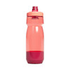 A drink bottle in shades of red with a removable cap and a built-in spout. It features a logo on the side.