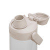 A drink bottle with a beige lid and a clear body, featuring a spout and a removable cap. It has a logo.