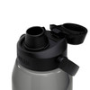 A drink bottle in grey featuring a black lid and spout, with a logo on the side.