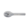 A stainless steel spoon with a shiny finish and a logo. Suitable for serving or enjoying various dishes.