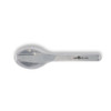 A silver spoon with a smooth, rounded head, featuring a logo and a sleek, modern design.