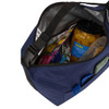 A navy cooler bag featuring snacks and a jar inside, with a shoulder strap and zippered closure.