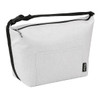 A grey cooler bag with a black trim and an external pocket, featuring a shoulder strap and a zip closure.